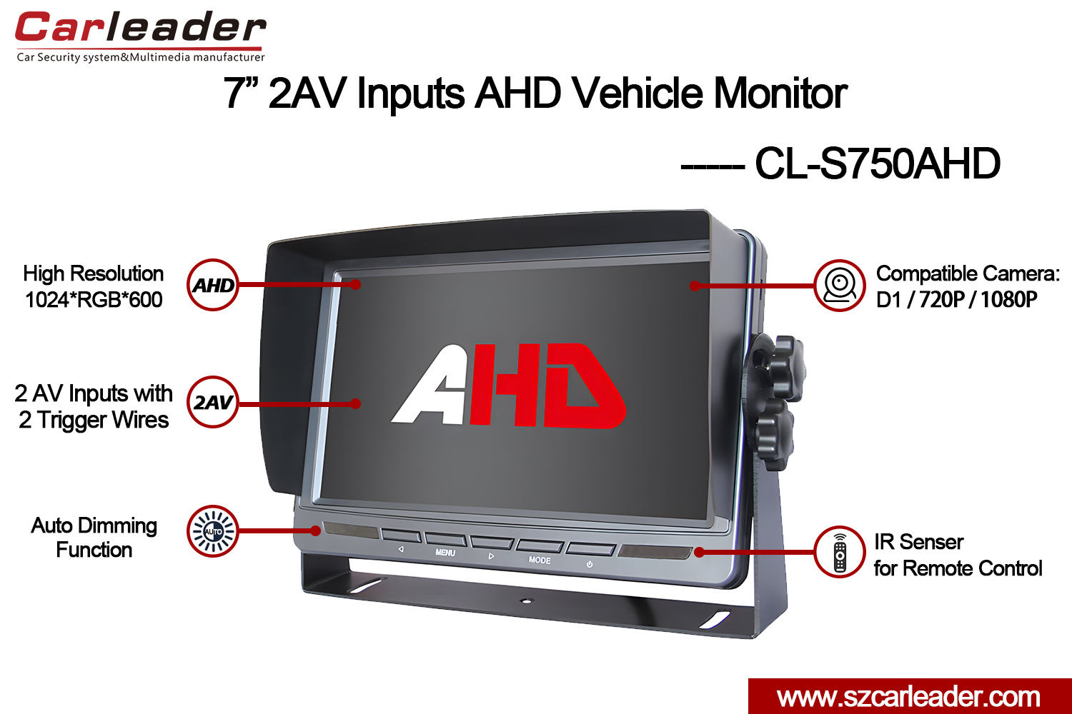 7 இன்ச் TFT LCD கார் ரியர் வியூ AHD மானிட்டர்