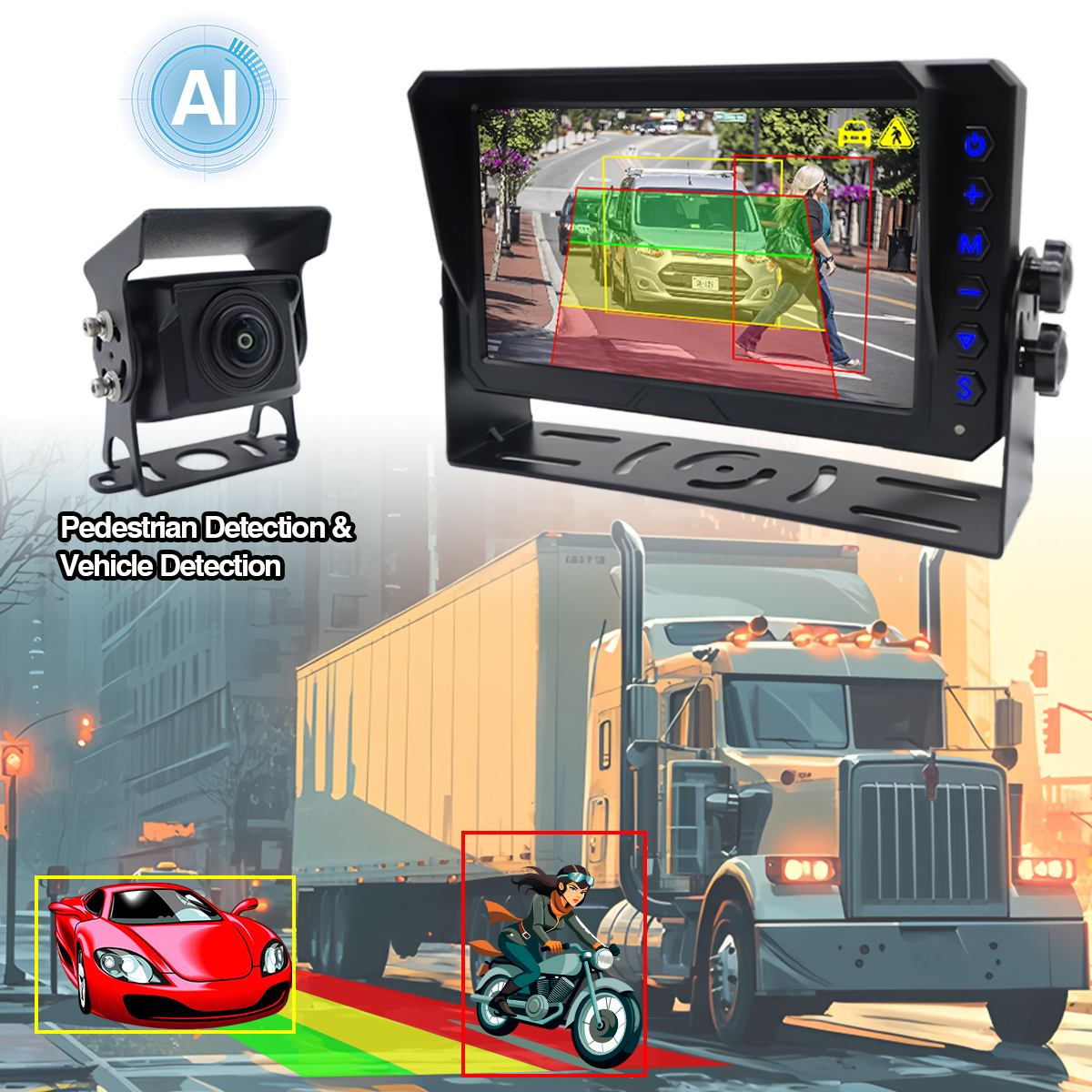 7 இன்ச் AI BSD Blind Spot Detection Monitoring System Support AI Calibration